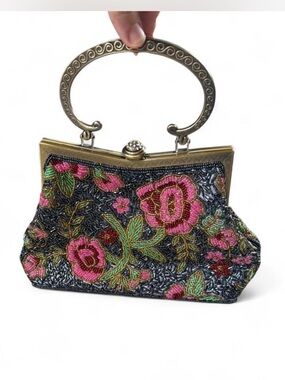 Vintage Inspired Brass and Beaded Handbag Purse Roses Floral Clasp Closure